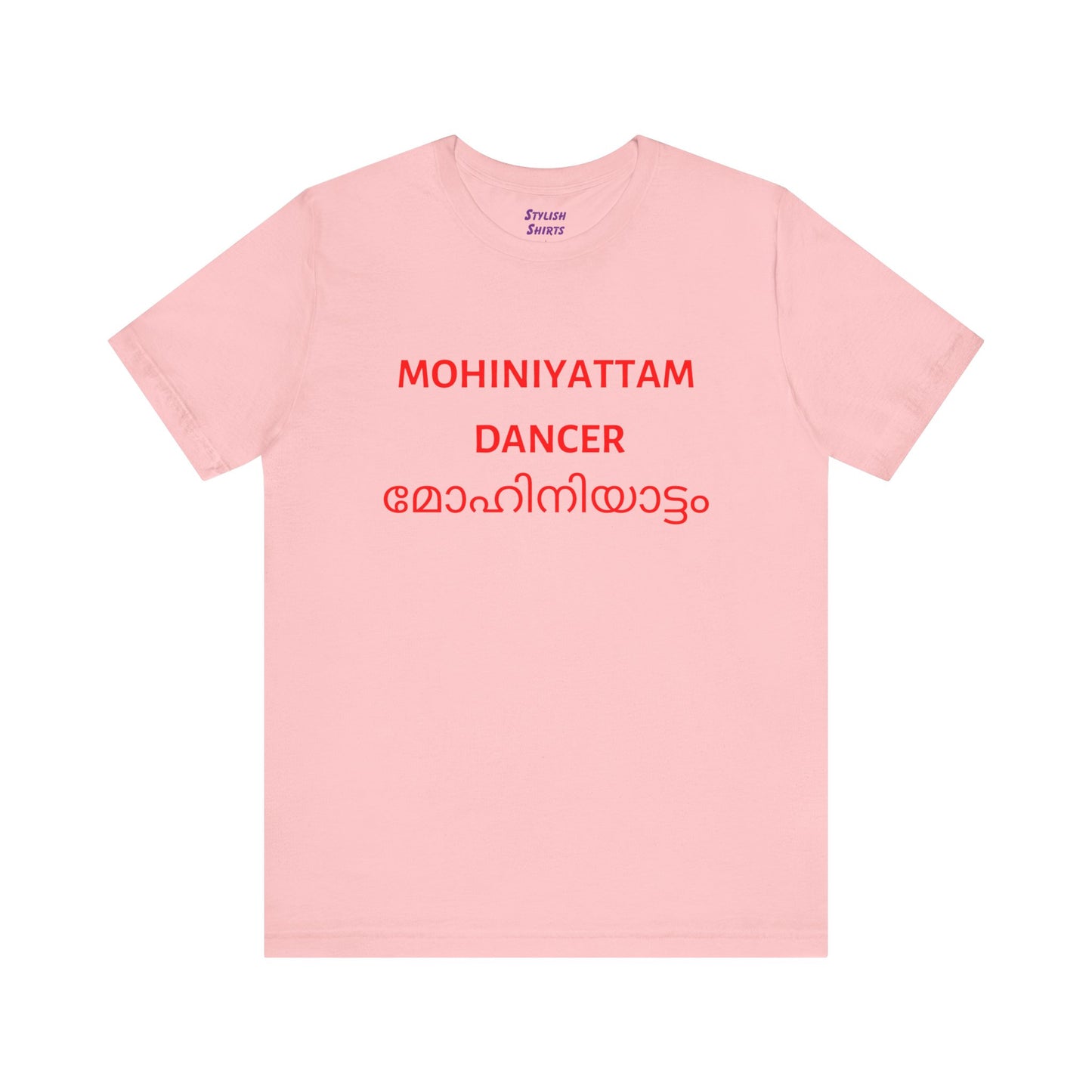 a pink shirt that says Mohiniyattam dancer with Mohiniyattam also written in Malayalam