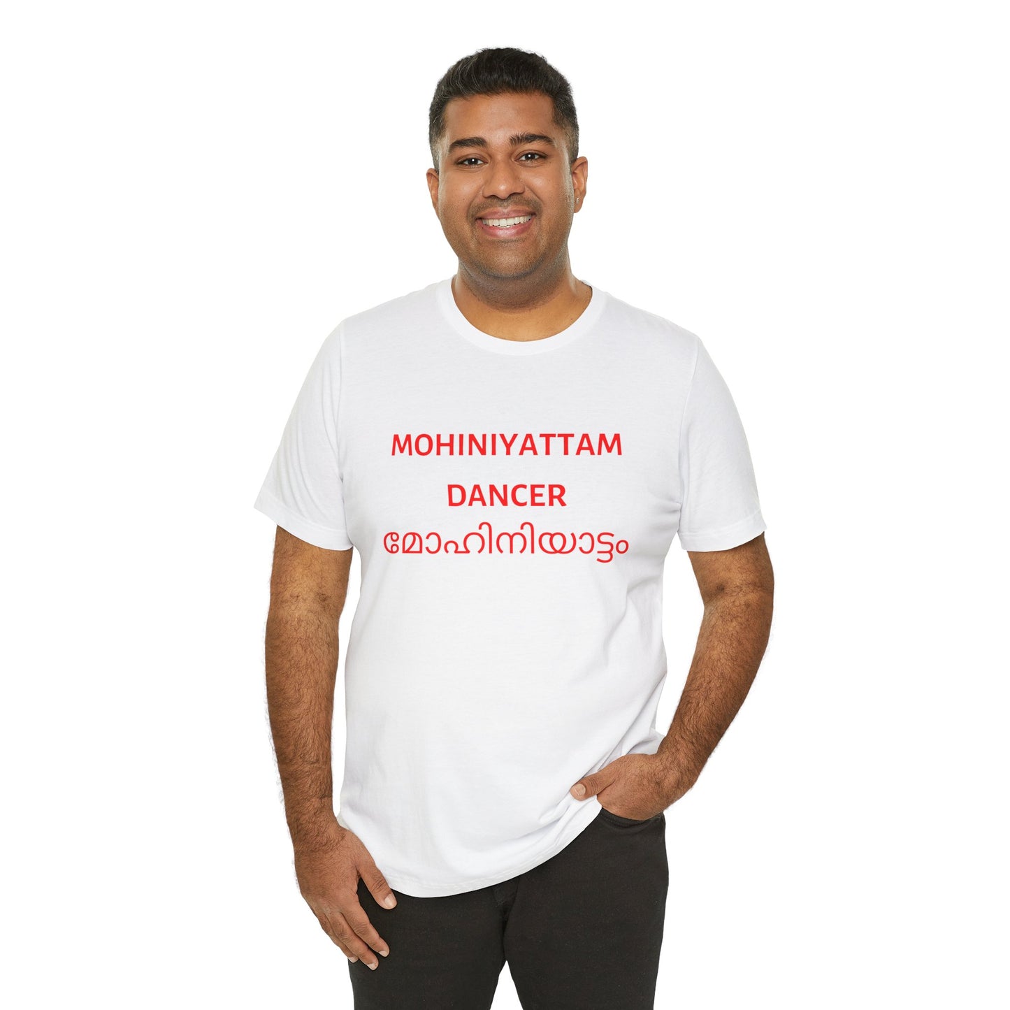 a man wearing a white shirt that says Mohiniyattam dancer with Mohiniyattam also written in Malayalam