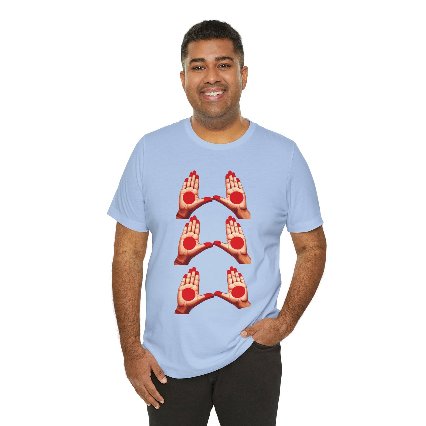 a man wearing a baby blue shirt that shows mudras