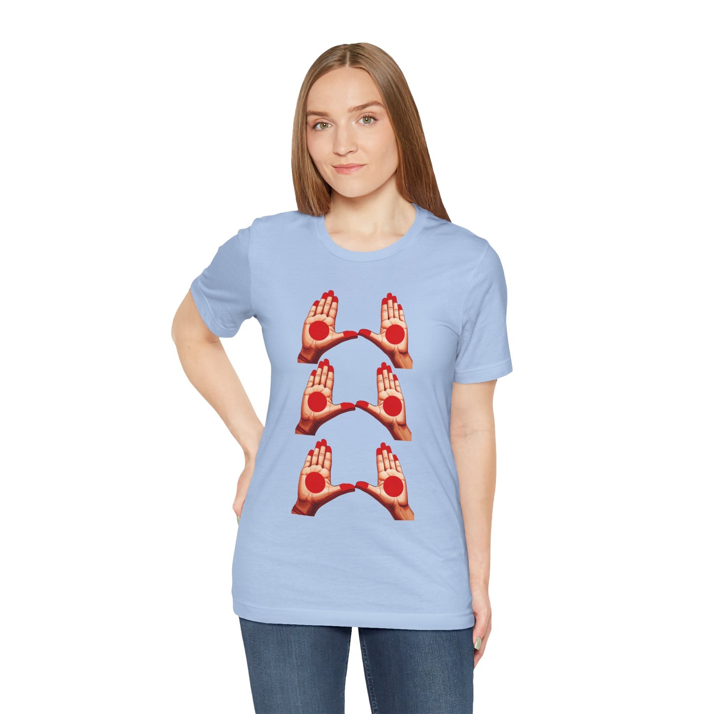 a woman wearing a baby blue shirt that shows mudras