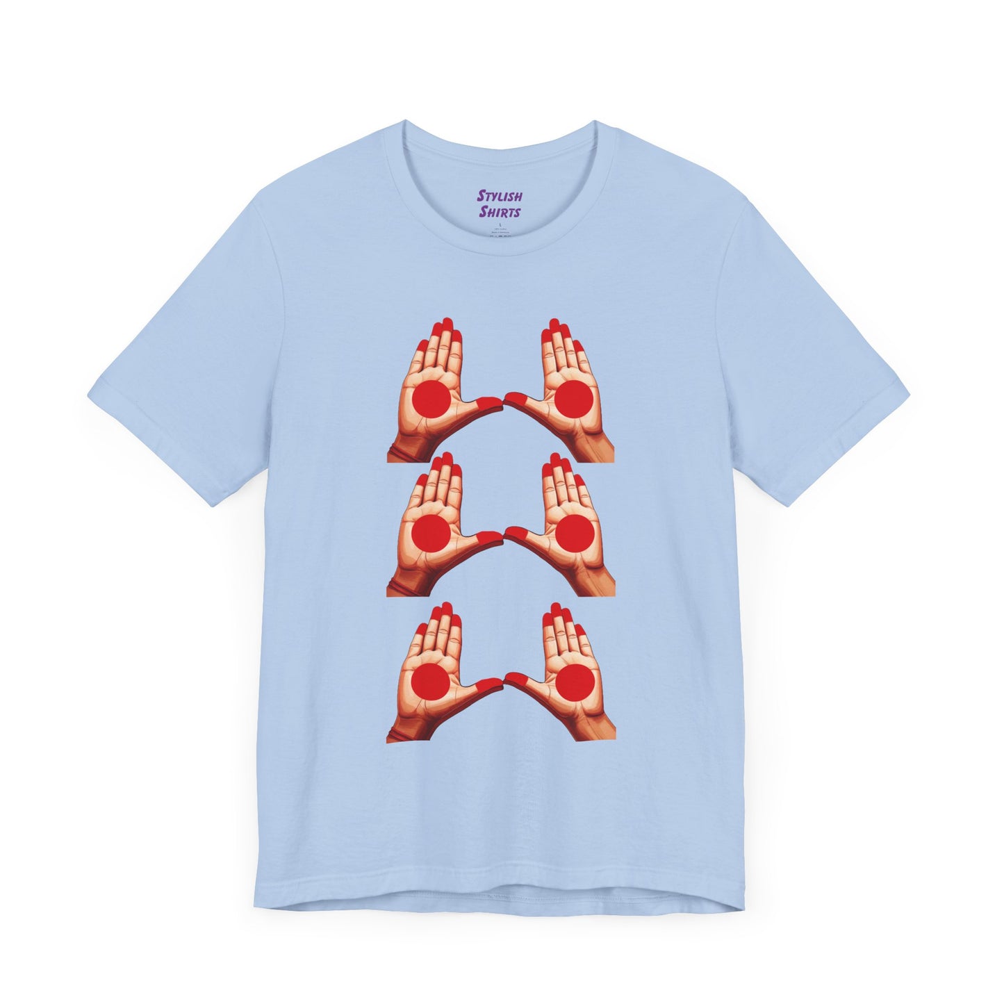 a baby blue shirt that shows mudras
