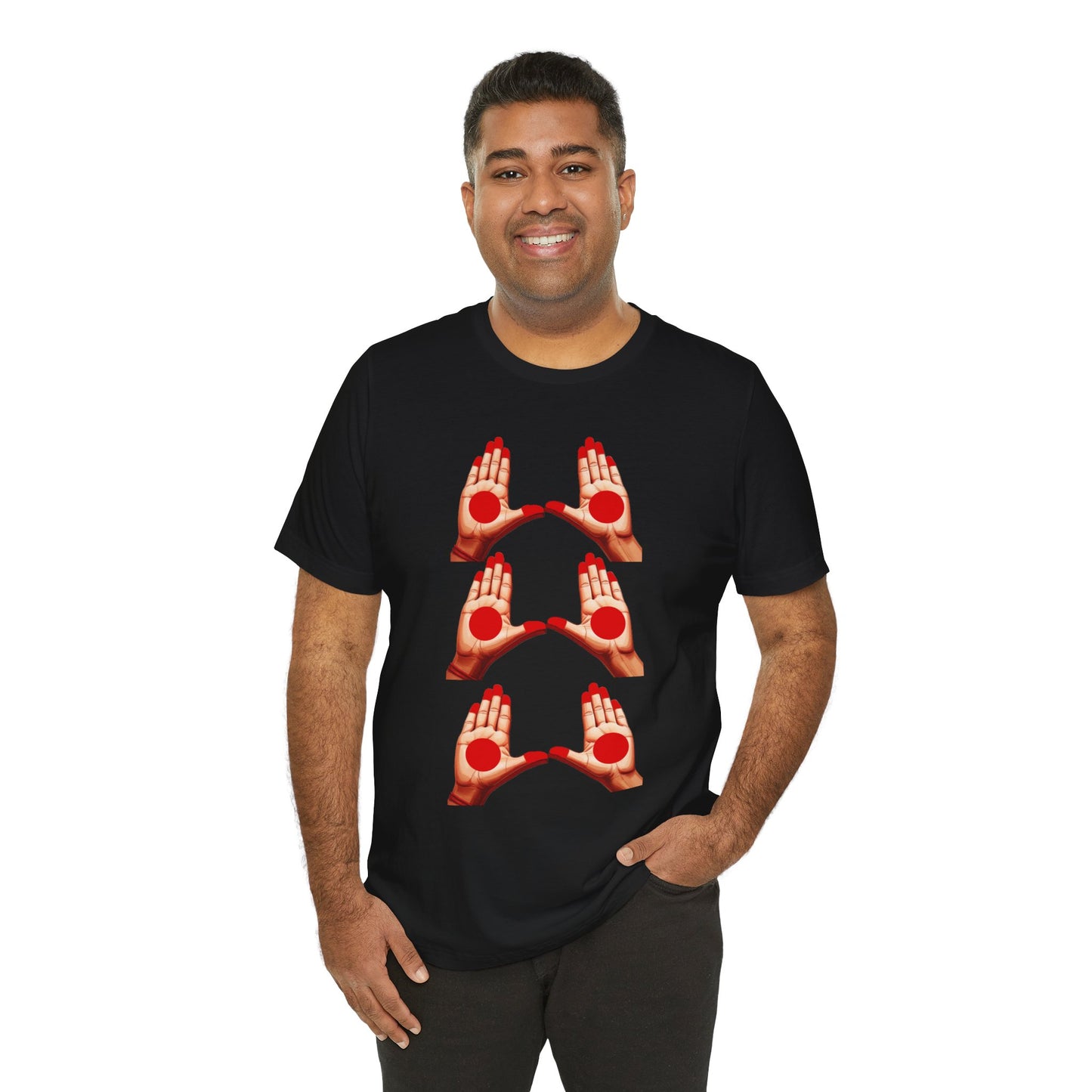 a man wearing a black shirt that shows mudras