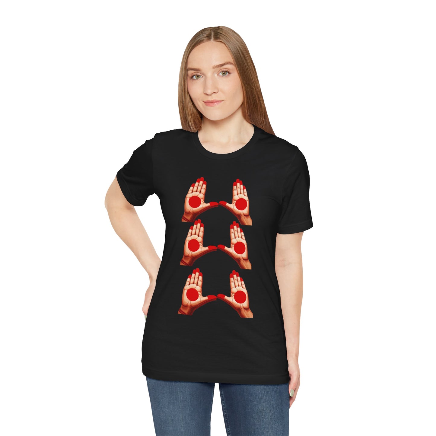 a woman wearing a black shirt that shows mudras