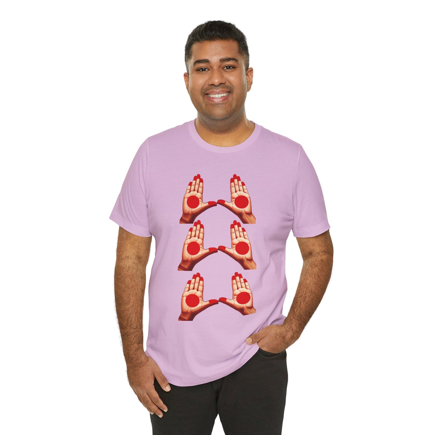 a man wearing a lilac shirt that shows mudras