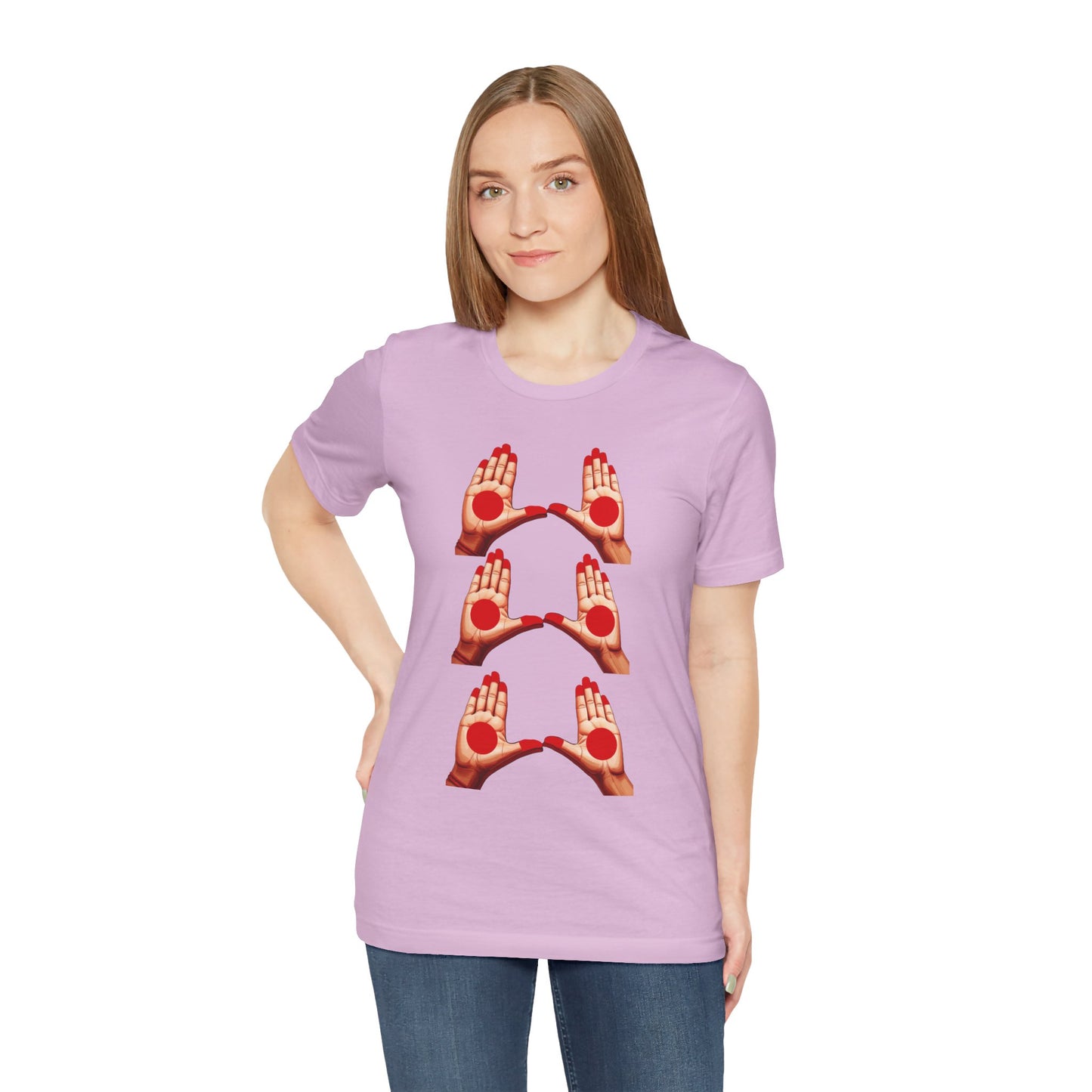 a woman wearing a lilac shirt that shows mudras