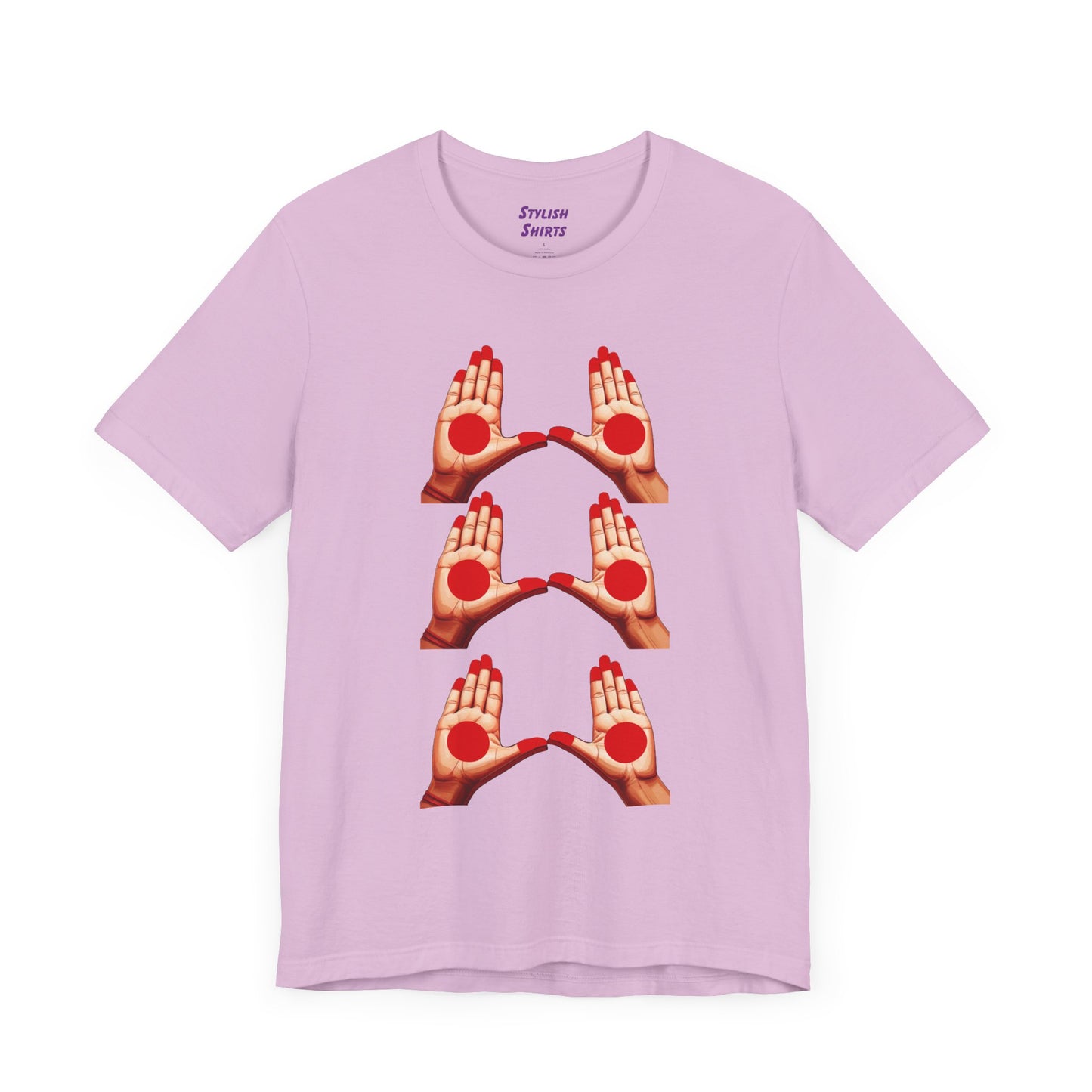 a lilac shirt that shows mudras