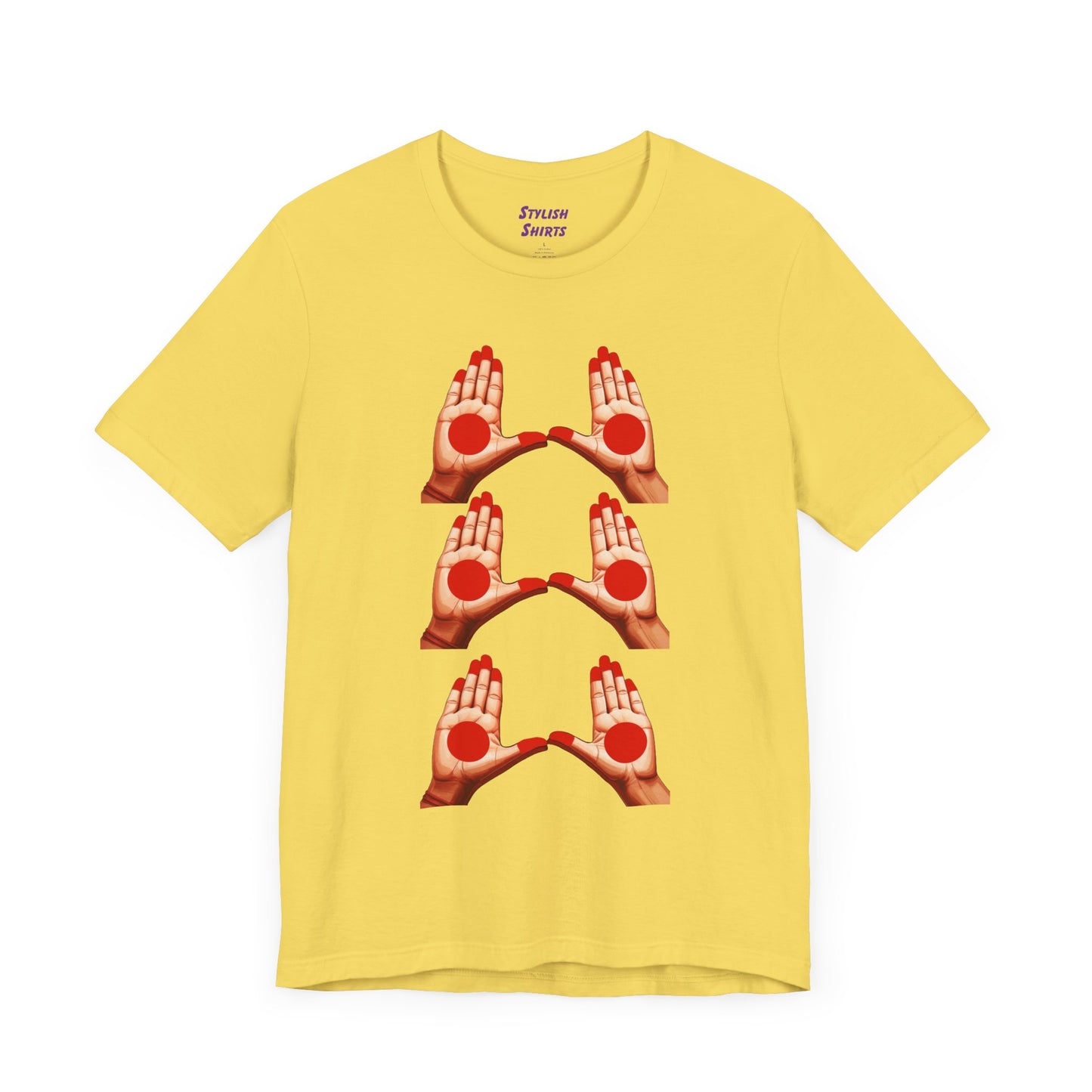 a maize yellow shirt that shows mudras
