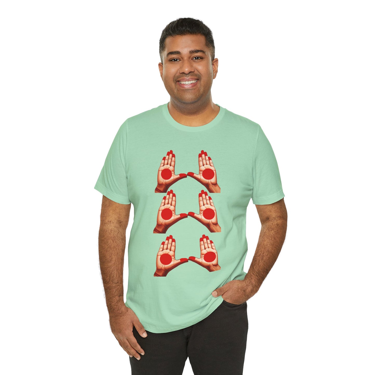 a man wearing a mint shirt that shows mudras
