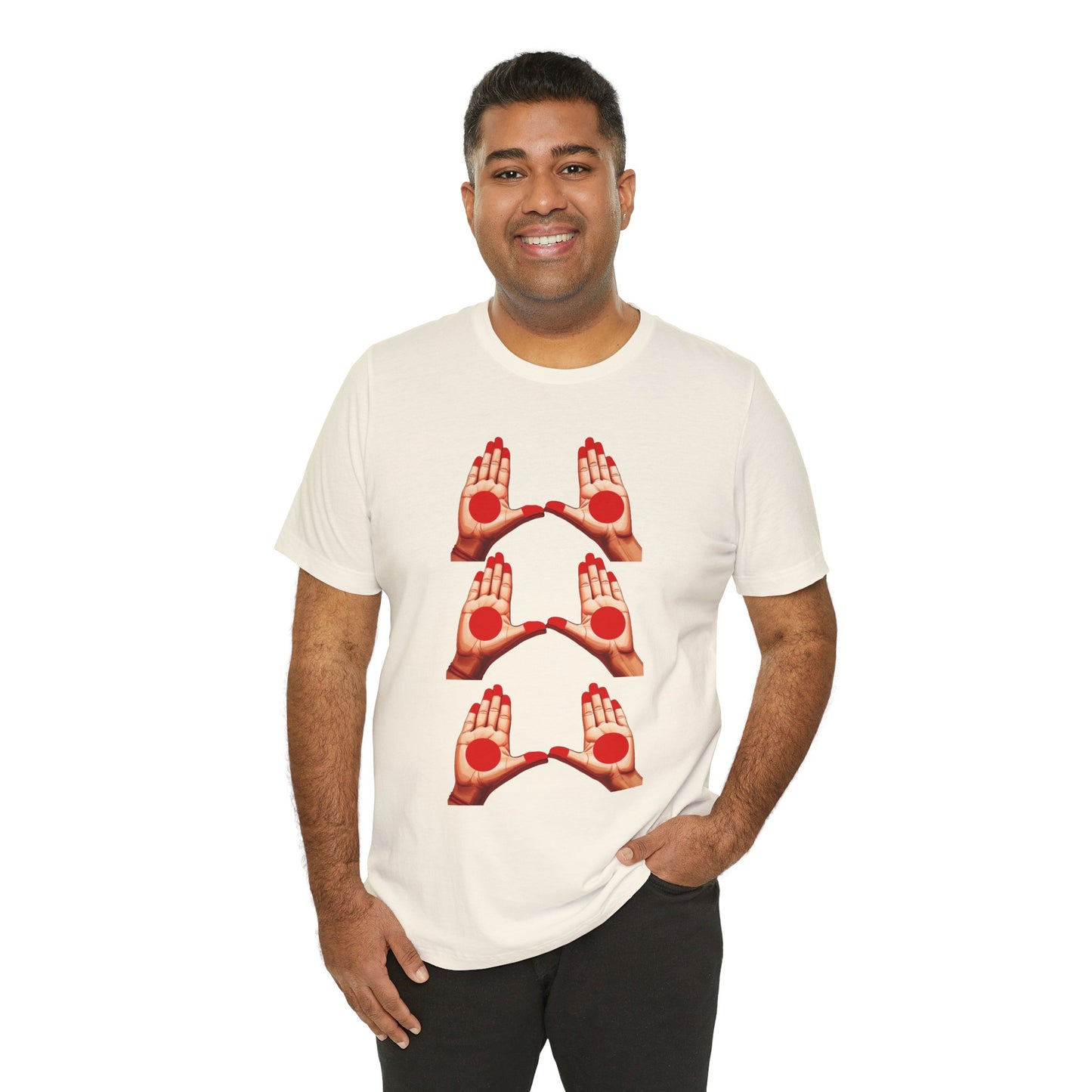 a man wearing a natural shirt that shows mudras