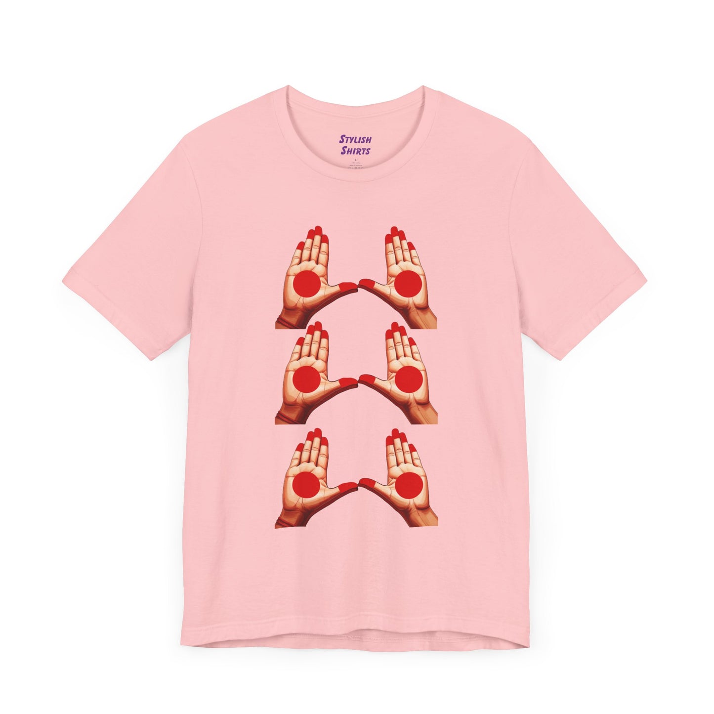 a pink shirt that shows mudras