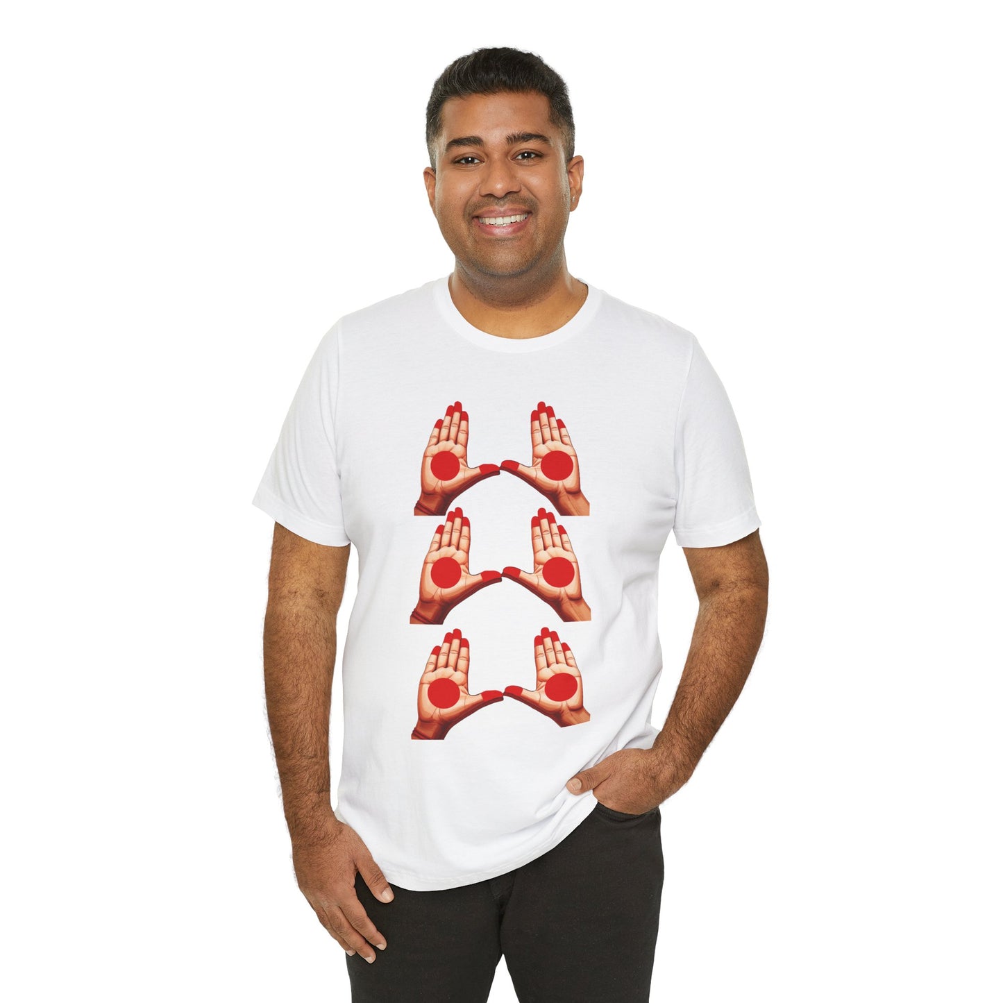 a man wearing a white shirt that shows mudras