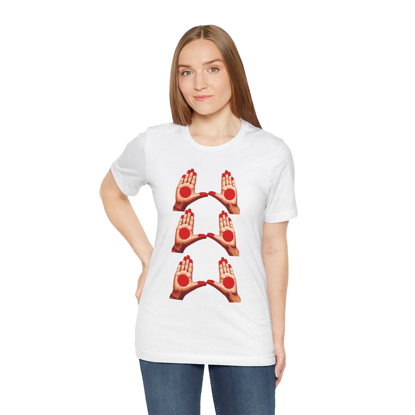 a woman wearing a white shirt that shows mudras