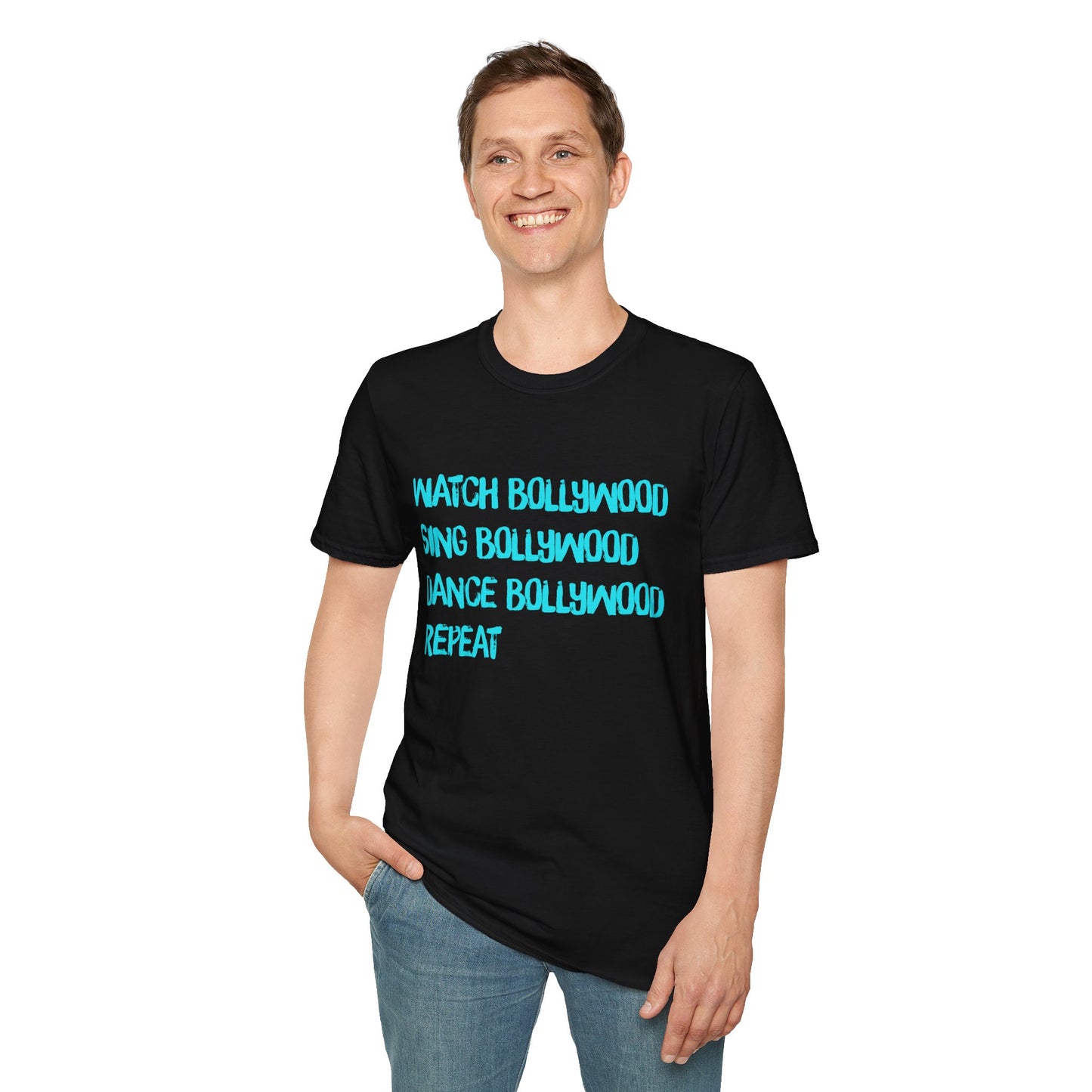 a man wearing a black shirt that says Watch Bollywood, Sing Bollywood, Dance Bollywood, Repeat