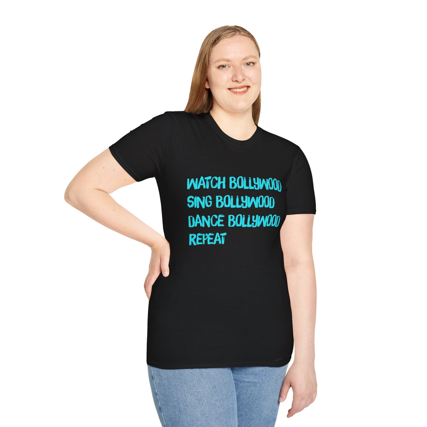 a woman wearing a black shirt that says Watch Bollywood, Sing Bollywood, Dance Bollywood, Repeat