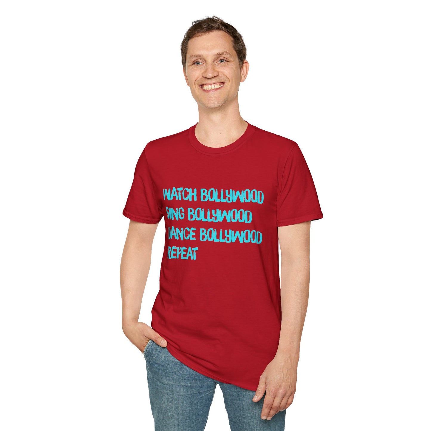 a man wearing a cherry red shirt that says Watch Bollywood, Sing Bollywood, Dance Bollywood, Repeat