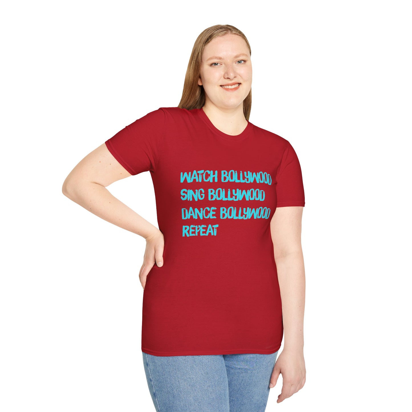 a woman wearing a cherry red shirt that says Watch Bollywood, Sing Bollywood, Dance Bollywood, Repeat