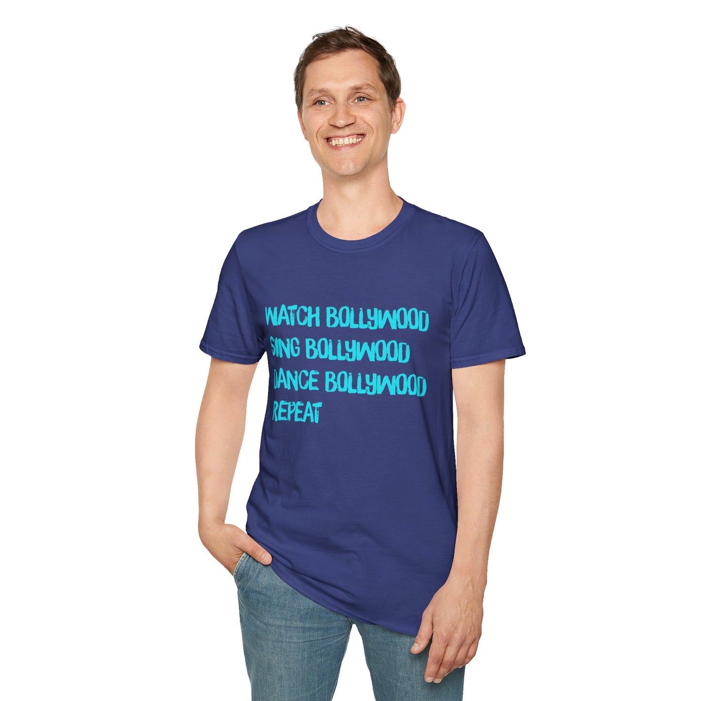 a man wearing a metro blue shirt that says Watch Bollywood, Sing Bollywood, Dance Bollywood, Repeat