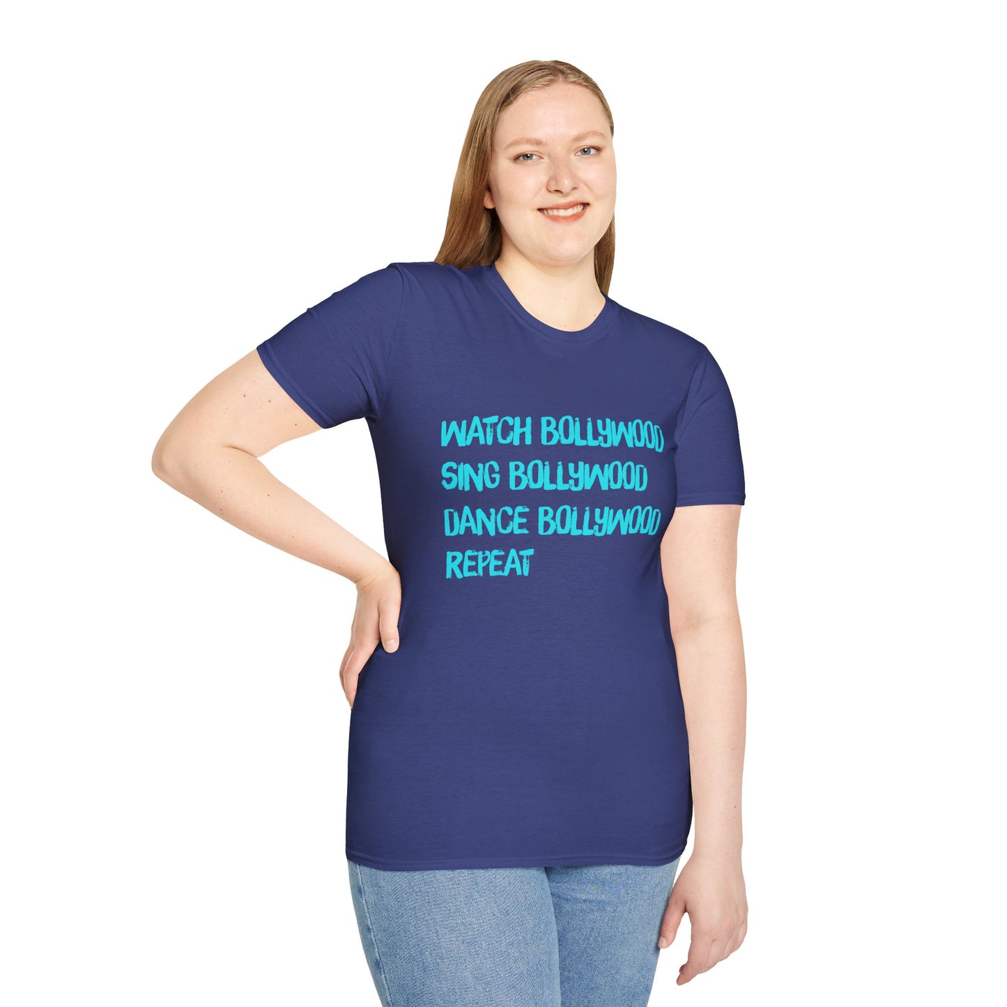 a woman wearing a metro blue shirt that says Watch Bollywood, Sing Bollywood, Dance Bollywood, Repeat