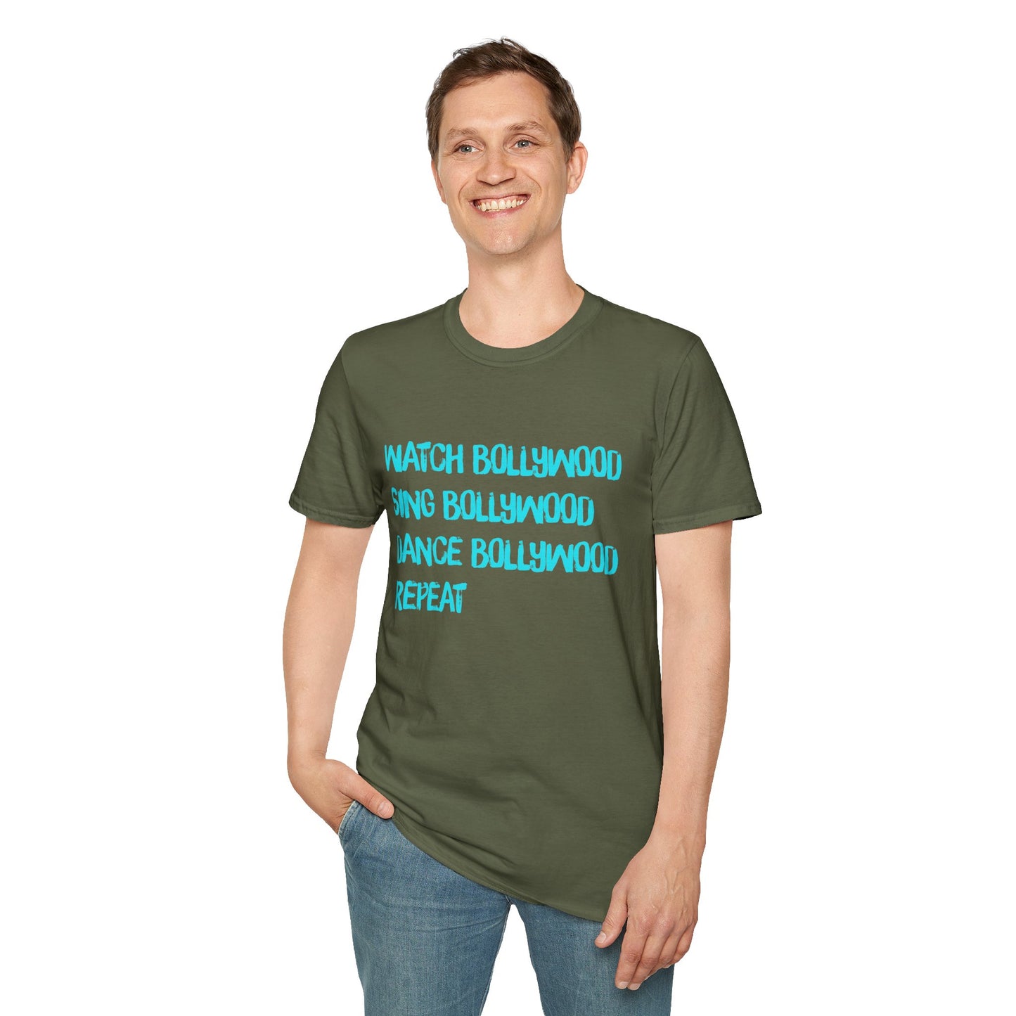 a man wearing a military green shirt that says Watch Bollywood, Sing Bollywood, Dance Bollywood, Repeat