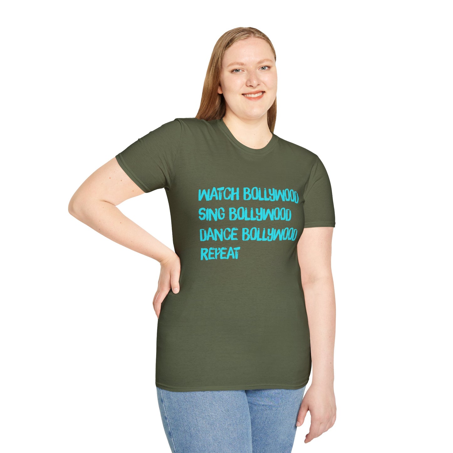 a woman wearing a military green shirt that says Watch Bollywood, Sing Bollywood, Dance Bollywood, Repeat