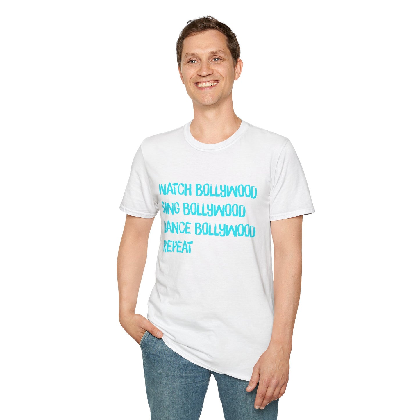 a man wearing a white shirt that says Watch Bollywood, Sing Bollywood, Dance Bollywood, Repeat
