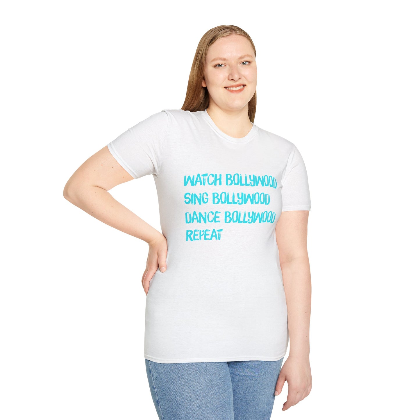 a woman wearing a white shirt that says Watch Bollywood, Sing Bollywood, Dance Bollywood, Repeat