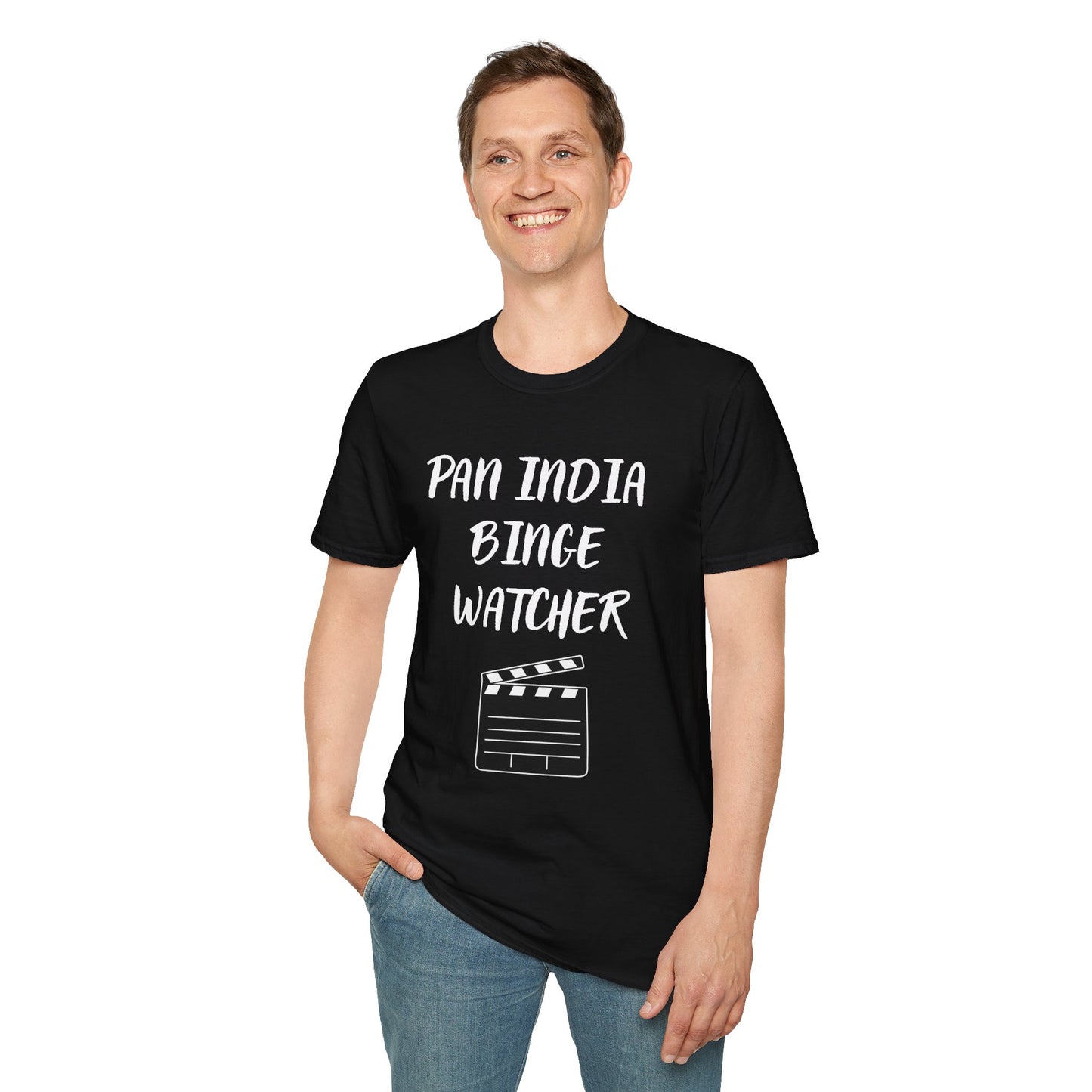 a man wearing a black shirt that says Pan India Binge Watcher with a graphic of a movie clapperboard