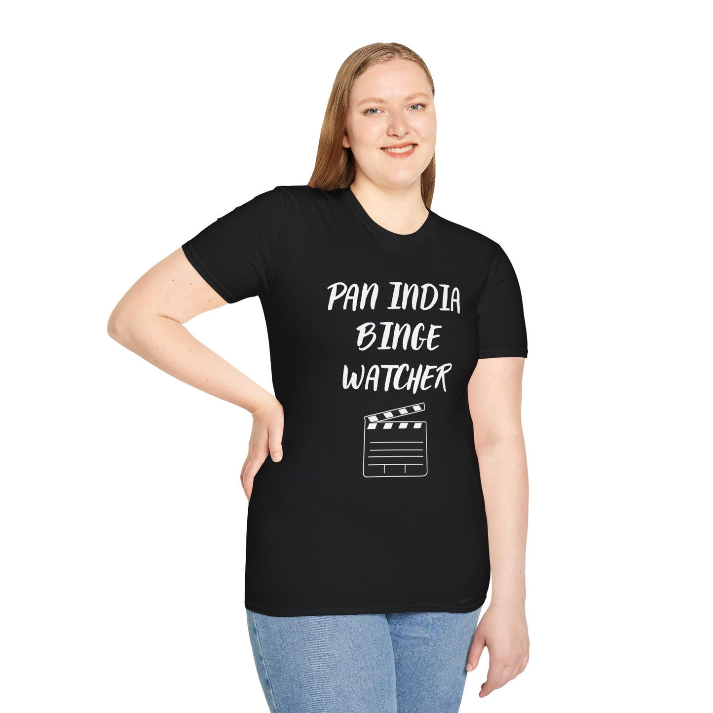 a woman wearing a black shirt that says Pan India Binge Watcher with a graphic of a movie clapperboard