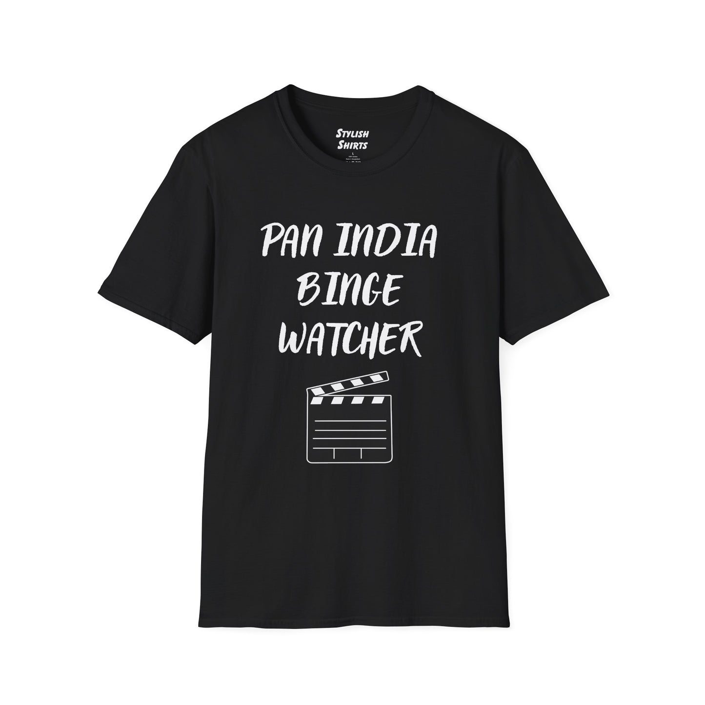 a black shirt that says Pan India Binge Watcher with a graphic of a movie clapperboard