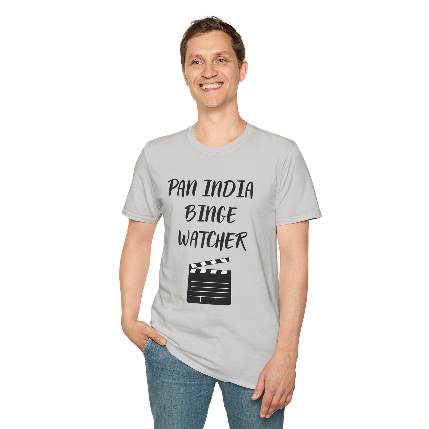 a man wearing a ice grey shirt that says Pan India Binge Watcher with a graphic of a movie clapperboard