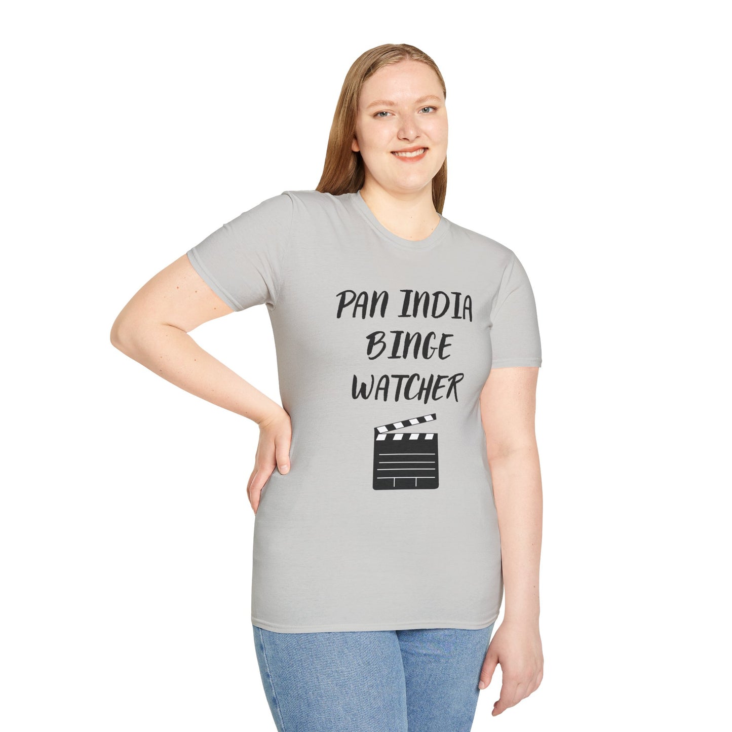 a woman wearing a ice grey shirt that says Pan India Binge Watcher with a graphic of a movie clapperboard