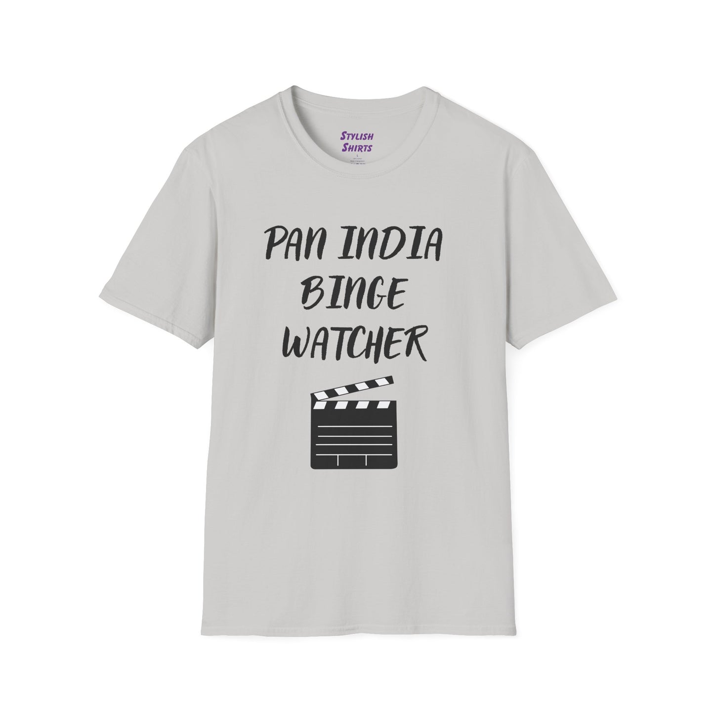 a ice grey shirt that says Pan India Binge Watcher with a graphic of a movie clapperboard