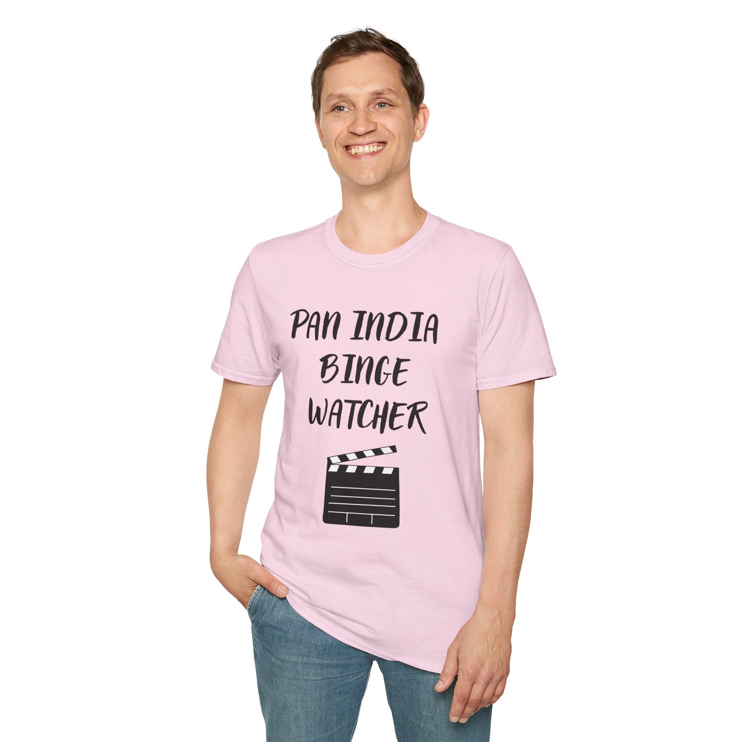 a man wearing a light pink shirt that says Pan India Binge Watcher with a graphic of a movie clapperboard
