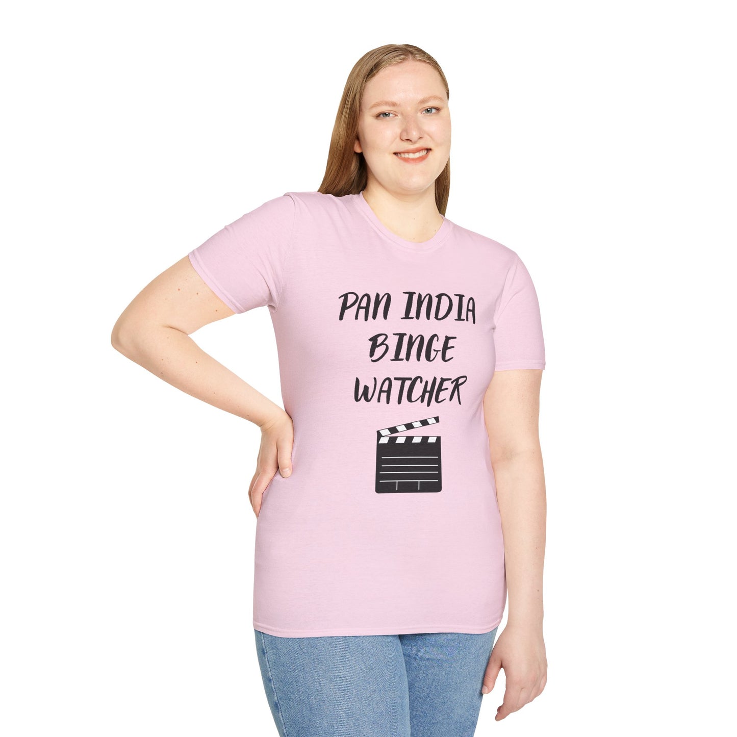 a woman wearing a light pink shirt that says Pan India Binge Watcher with a graphic of a movie clapperboard