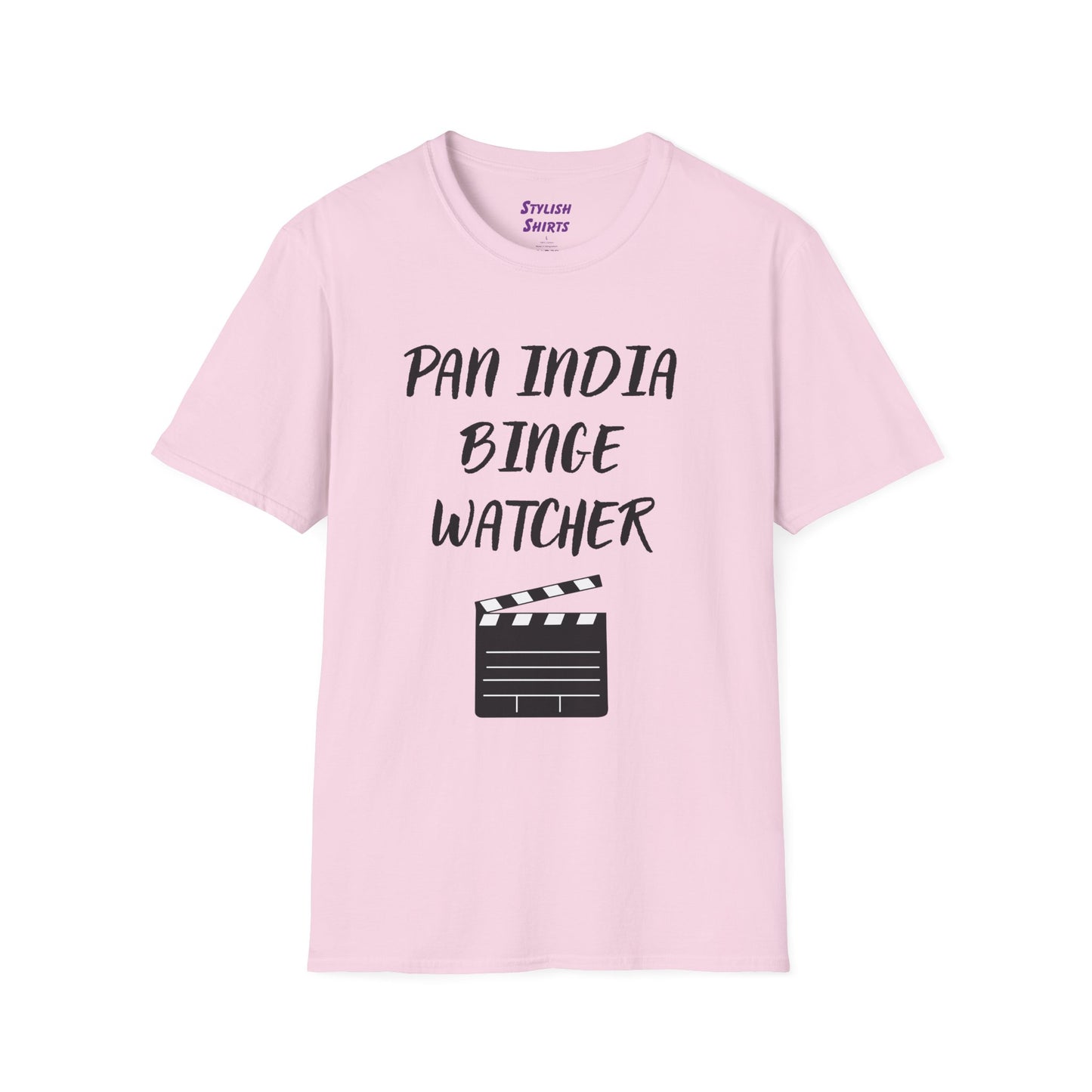 a light pink shirt that says Pan India Binge Watcher with a graphic of a movie clapperboard