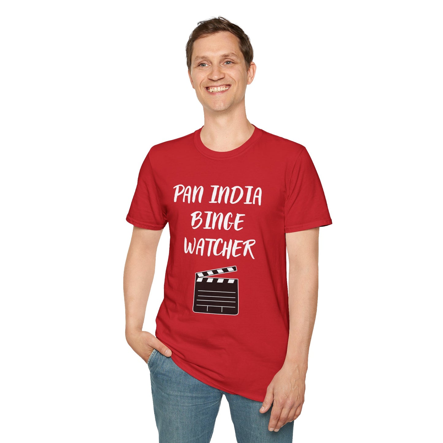 a man wearing a red shirt that says Pan India Binge Watcher with a graphic of a movie clapperboard