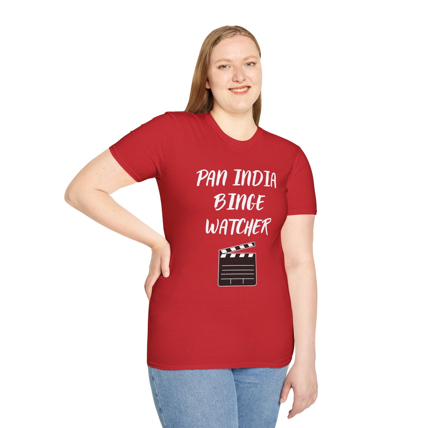 a woman wearing a red shirt that says Pan India Binge Watcher with a graphic of a movie clapperboard