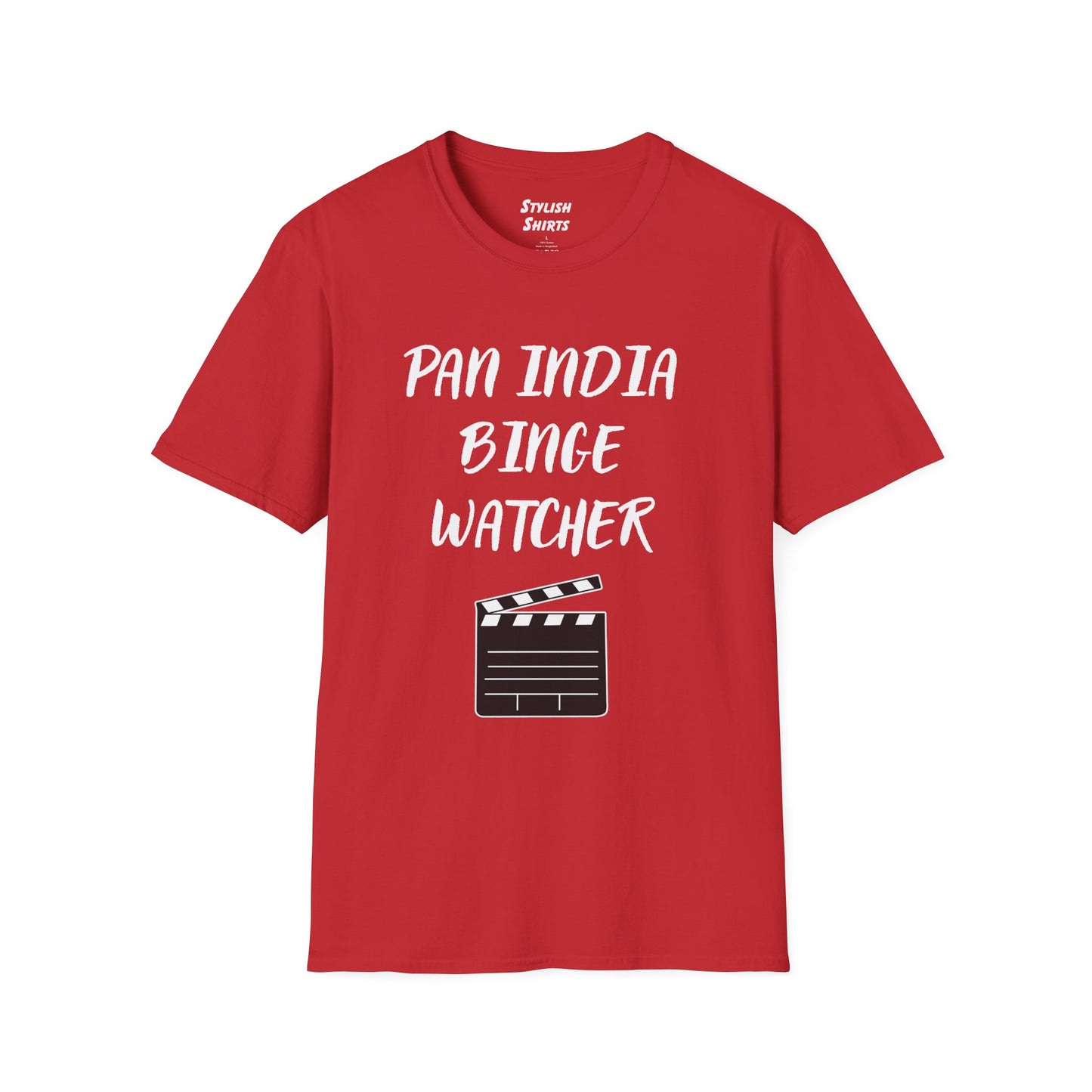 a red shirt that says Pan India Binge Watcher with a graphic of a movie clapperboard