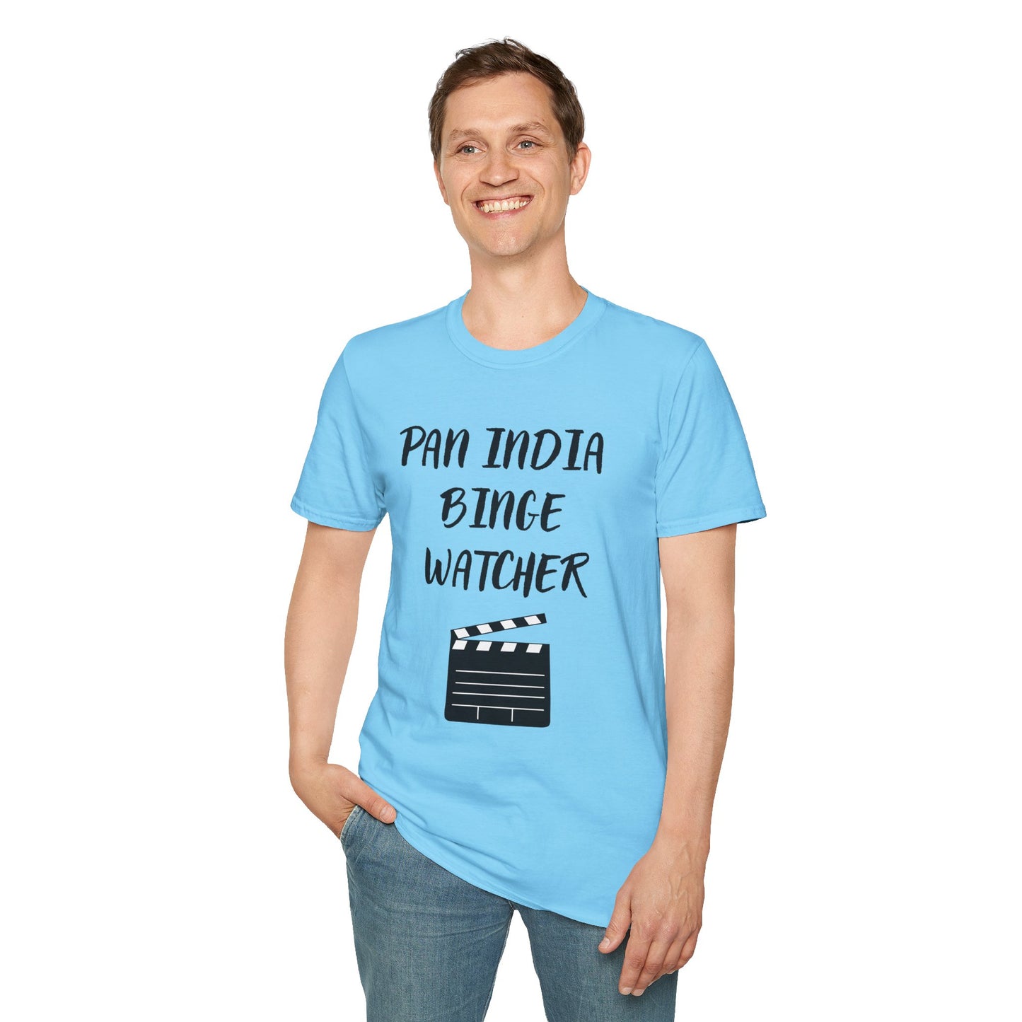 a man wearing a sky blue shirt that says Pan India Binge Watcher with a graphic of a movie clapperboard
