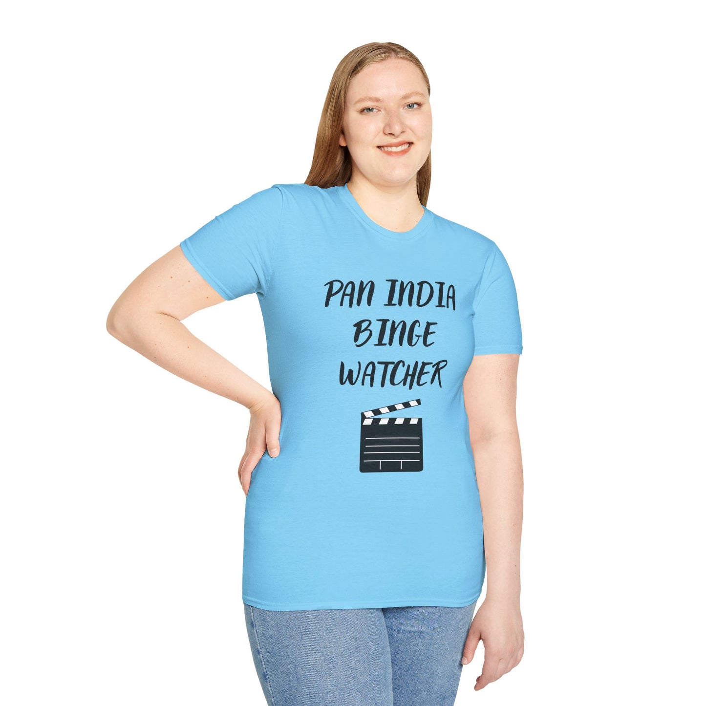 a woman wearing a sky blue shirt that says Pan India Binge Watcher with a graphic of a movie clapperboard