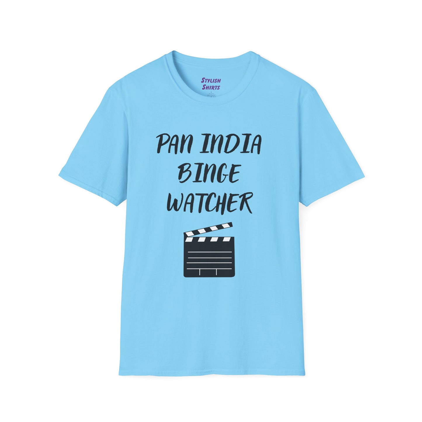 a sky blue shirt that says Pan India Binge Watcher with a graphic of a movie clapperboard