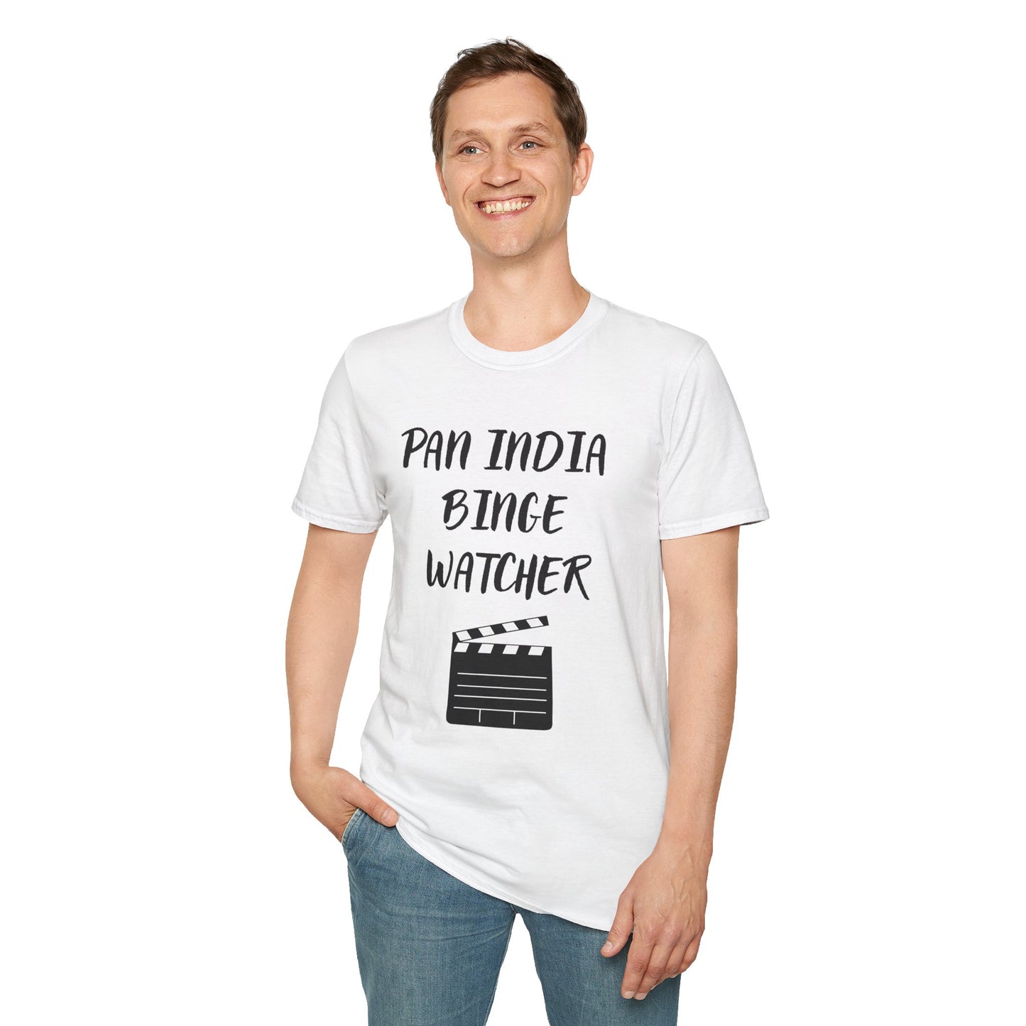 a man wearing a white shirt that says Pan India Binge Watcher with a graphic of a movie clapperboard