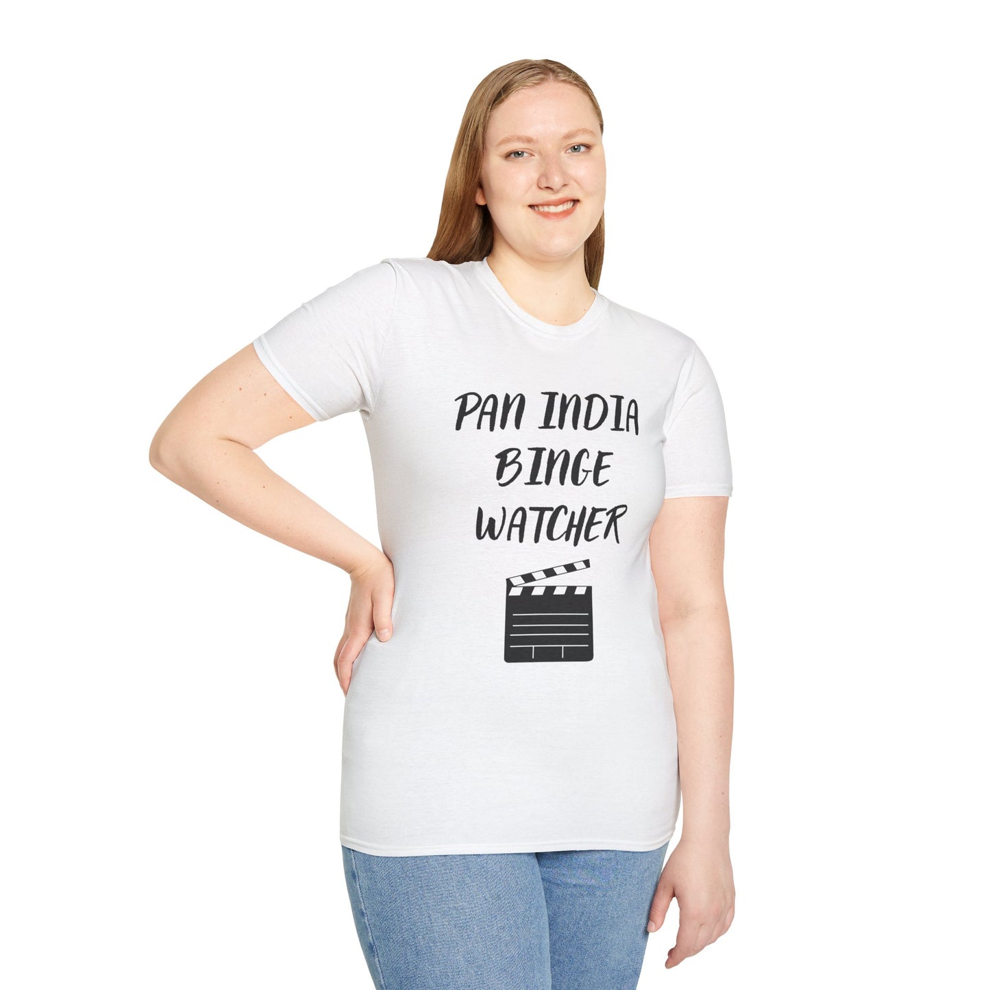 a woman wearing a white shirt that says Pan India Binge Watcher with a graphic of a movie clapperboard