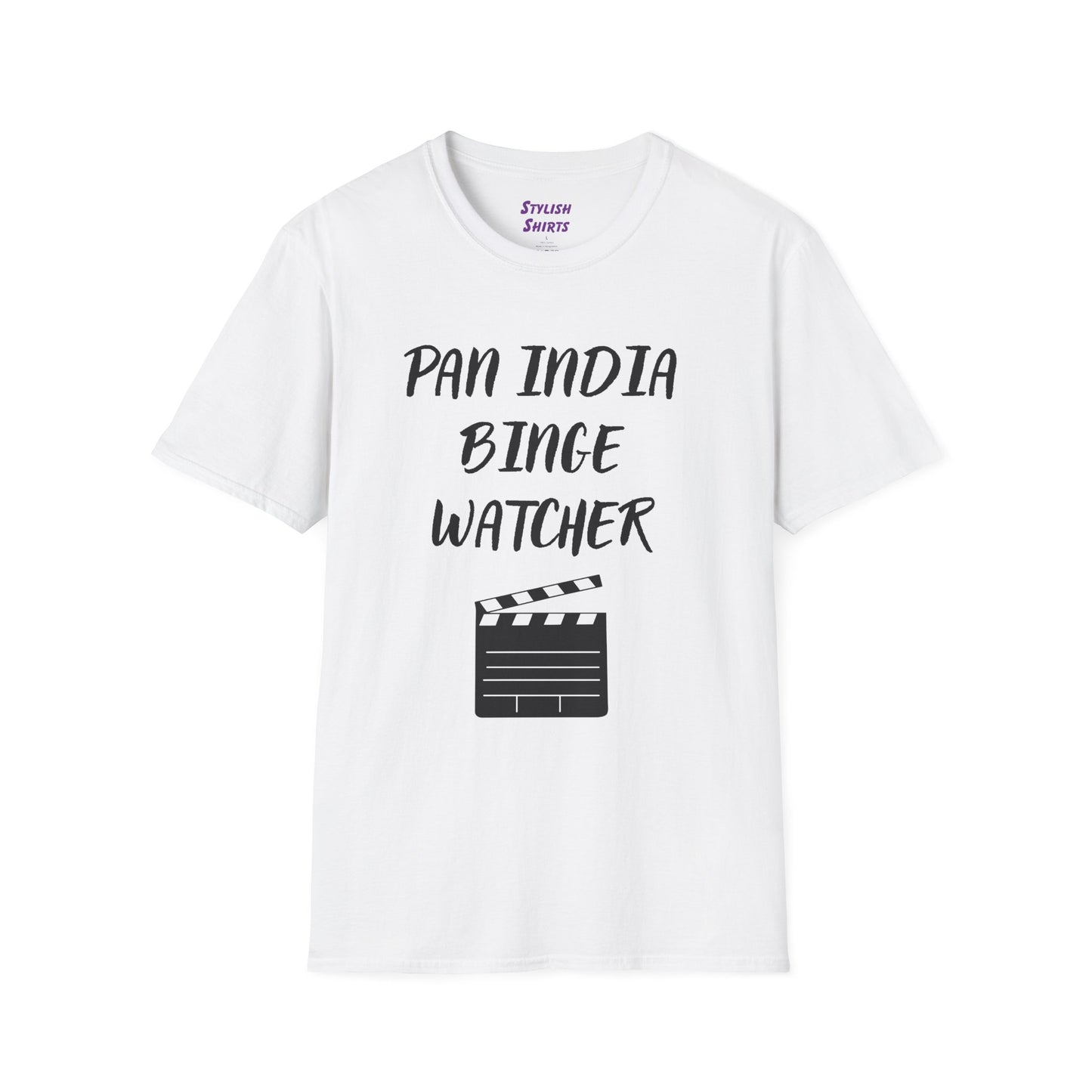 a white shirt that says Pan India Binge Watcher with a graphic of a movie clapperboard