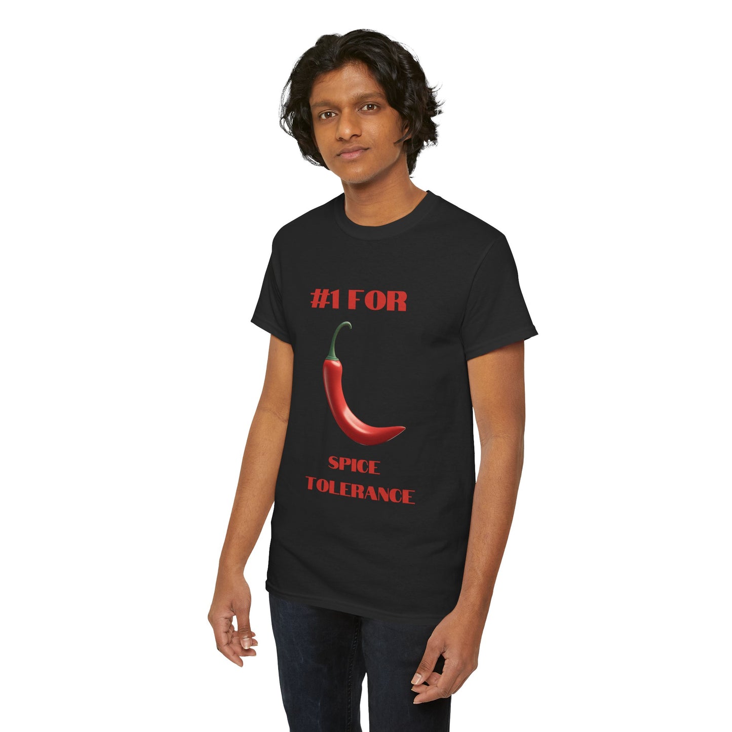 a man wearing a black shirt that says #1 for spice tolerance with a graphic of a red chili
