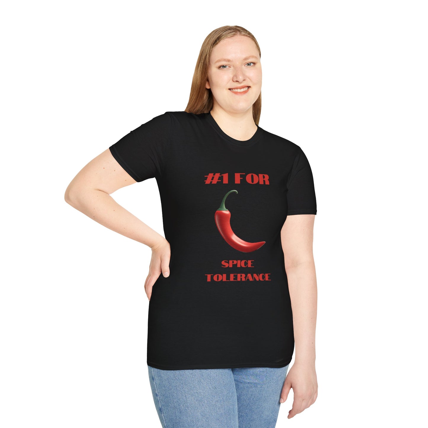 a woman wearing a black shirt that says #1 for spice tolerance with a graphic of a red chili