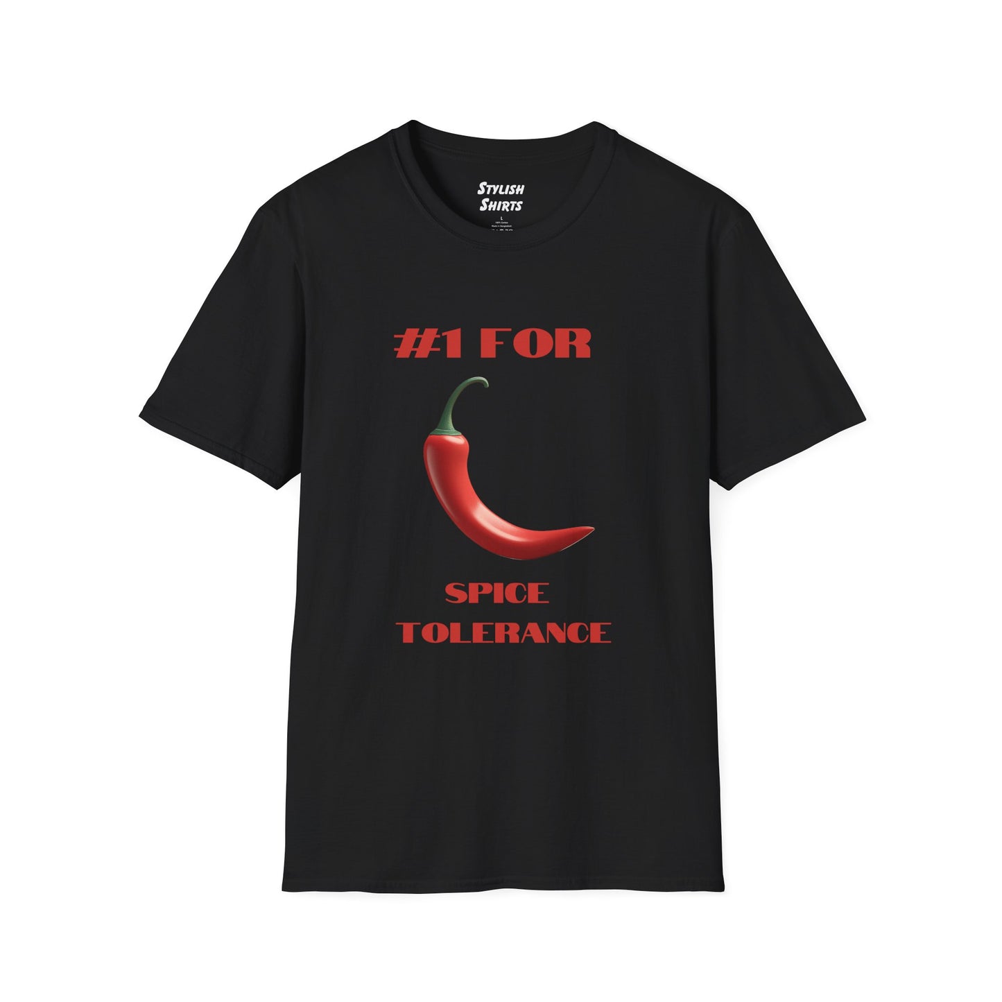 a black shirt that says #1 for spice tolerance with a graphic of a red chili