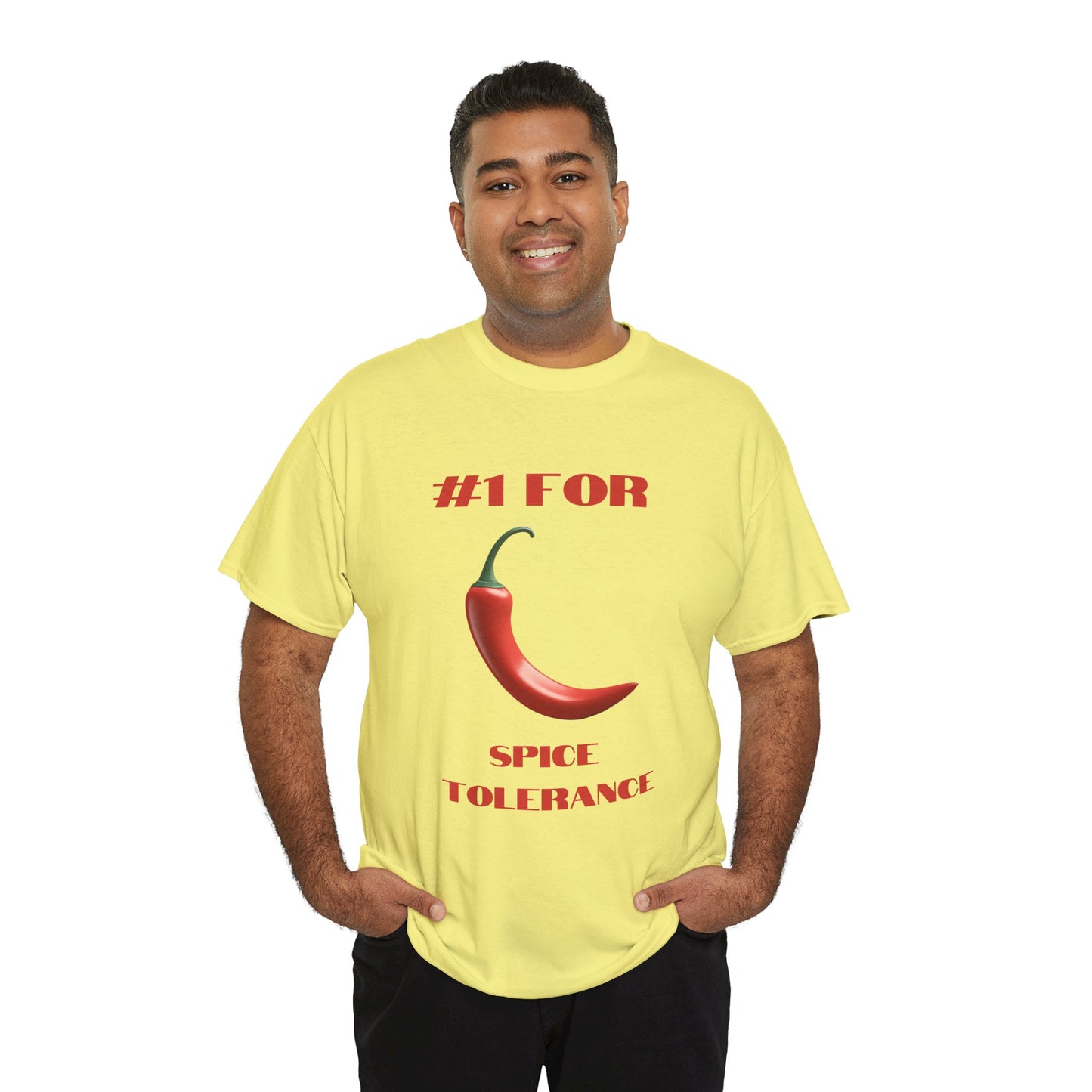 a man wearing a cornsilk yellow shirt that says #1 for spice tolerance with a graphic of a red chili