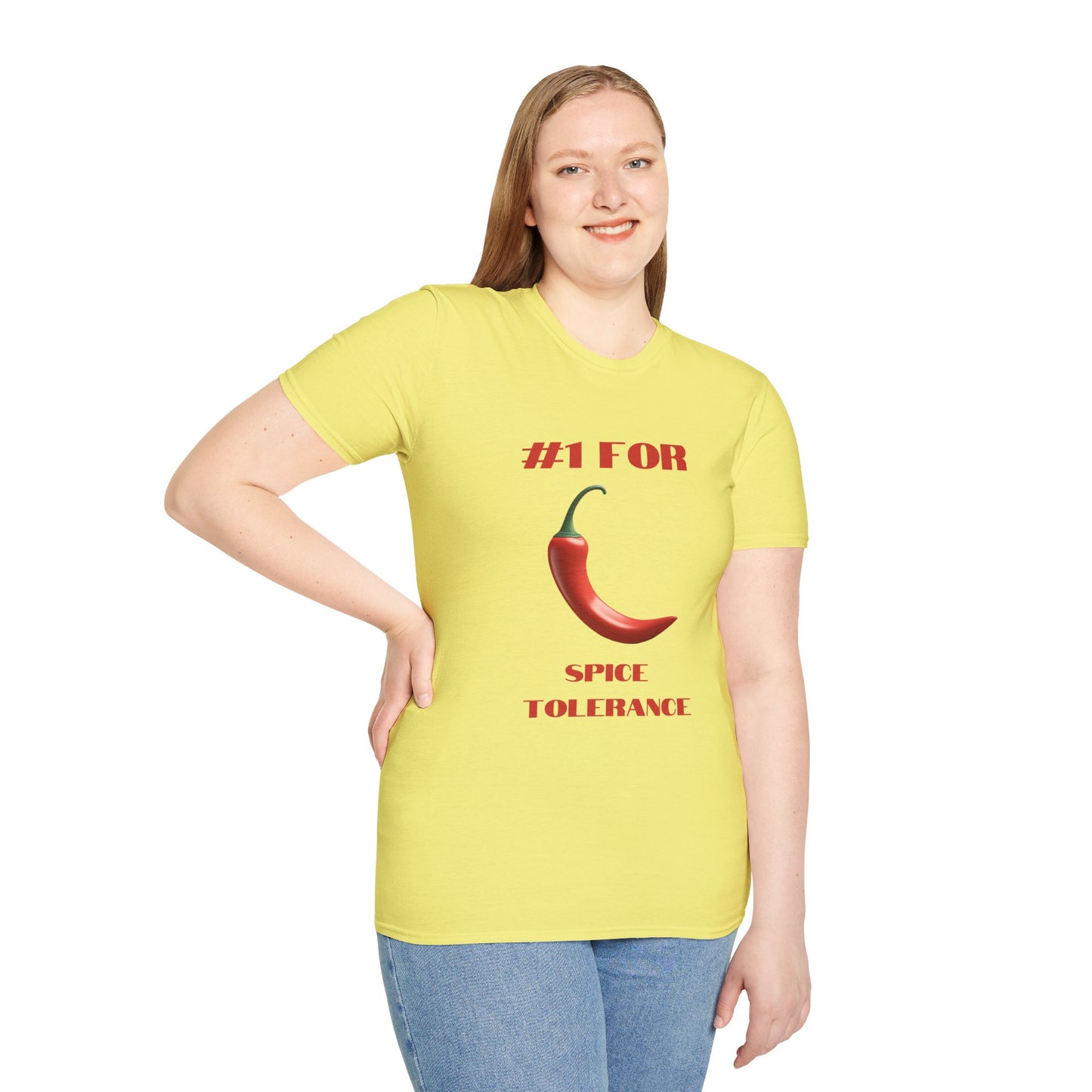a woman wearing a cornsilk yellow shirt that says #1 for spice tolerance with a graphic of a red chili
