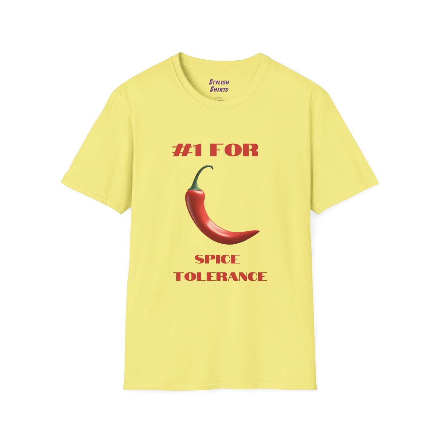 a cornsilk yellow shirt that says #1 for spice tolerance with a graphic of a red chili